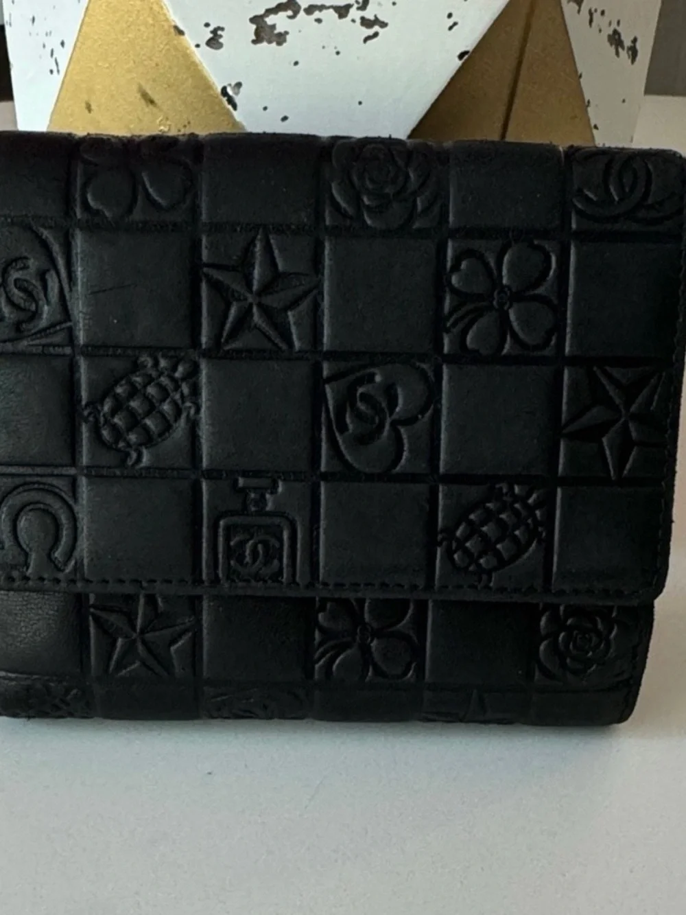 CHANEL Black Quilted Embossed Leather Small Wallet with Gold CC Snap